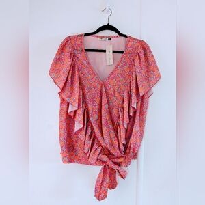 🎀$5 Pink Flutter Sleeve Blouse with Ruffled Tie Front